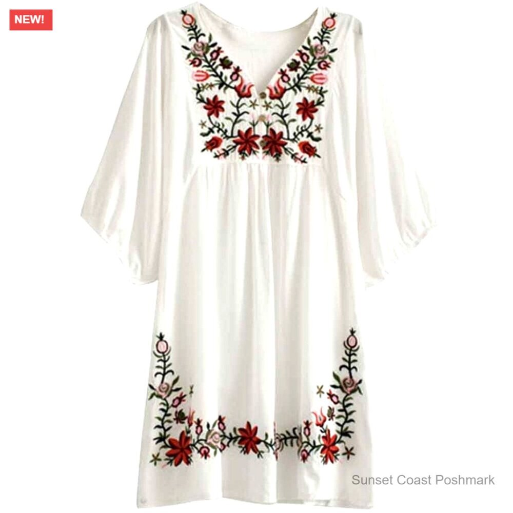 V Neck Embroidered Peasant Blouse Cotton Casual Summer Top